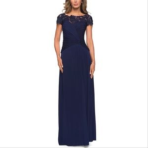 La Femme 28029 Illusion Yoke Twist Front Jersey Gown